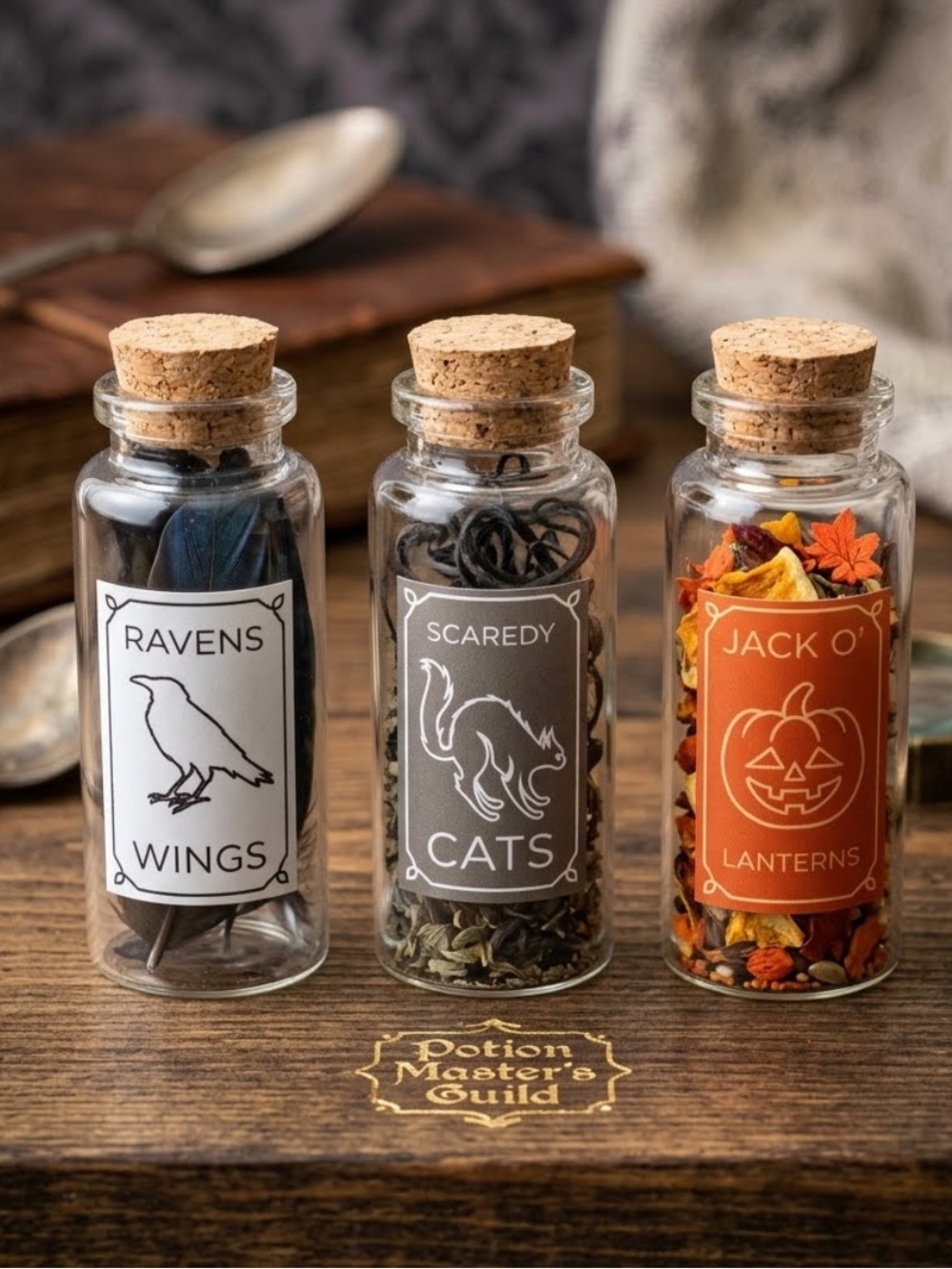 Spooky Halloween Mini Glass Potion Bottle Set – Ravens, Cats & Pumpkins
